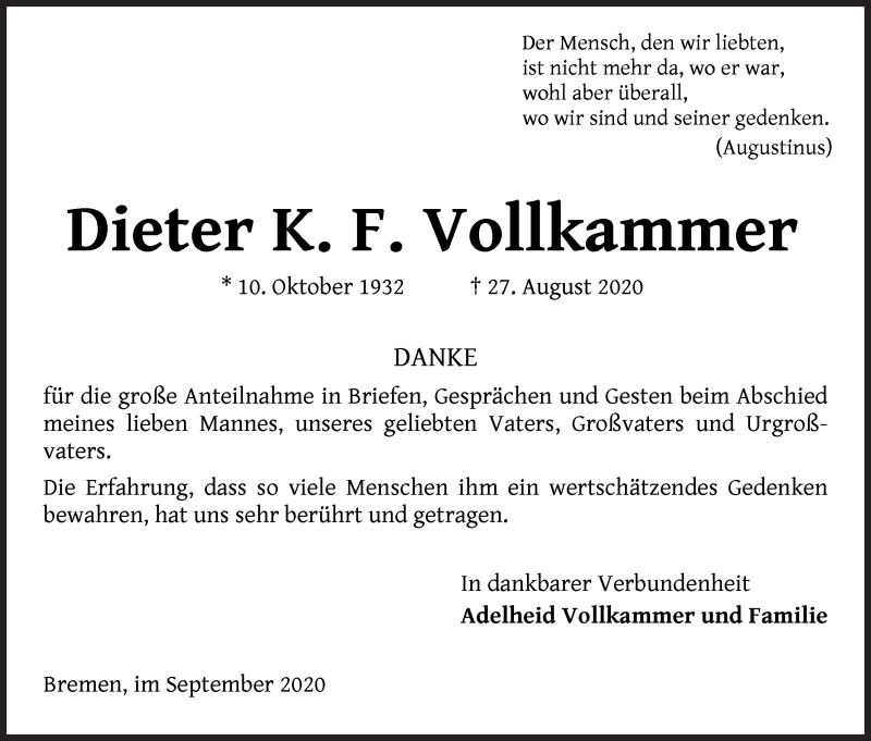 Traueranzeige von Dieter K. F. Vollkammer von WESER-KURIER