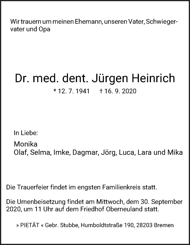 Traueranzeige von Dr. med. dent Jürgen Heinrich von WESER-KURIER