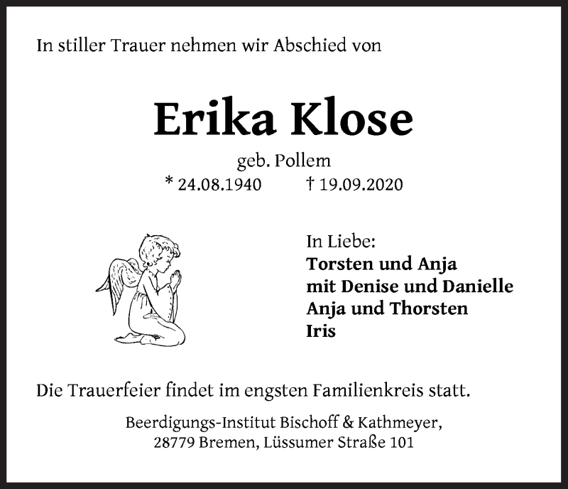 Traueranzeige von Erika Klose von Die Norddeutsche