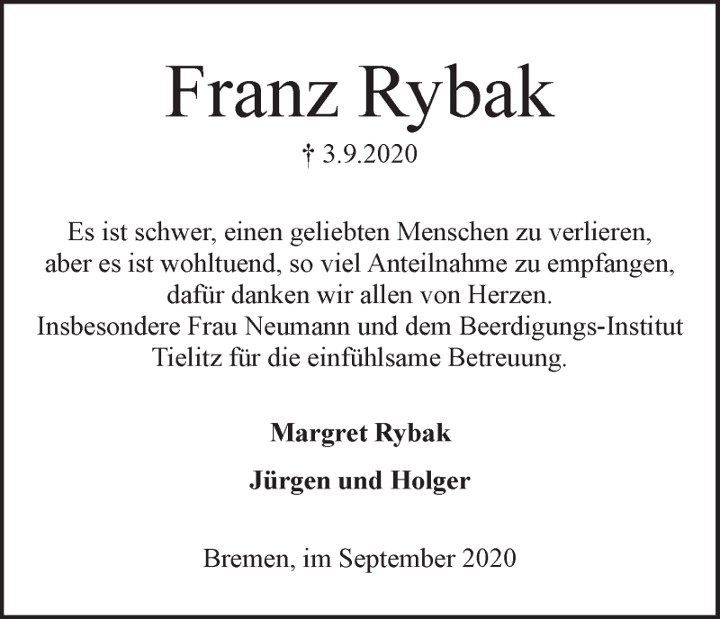 Traueranzeige von Franz Rybak von WESER-KURIER