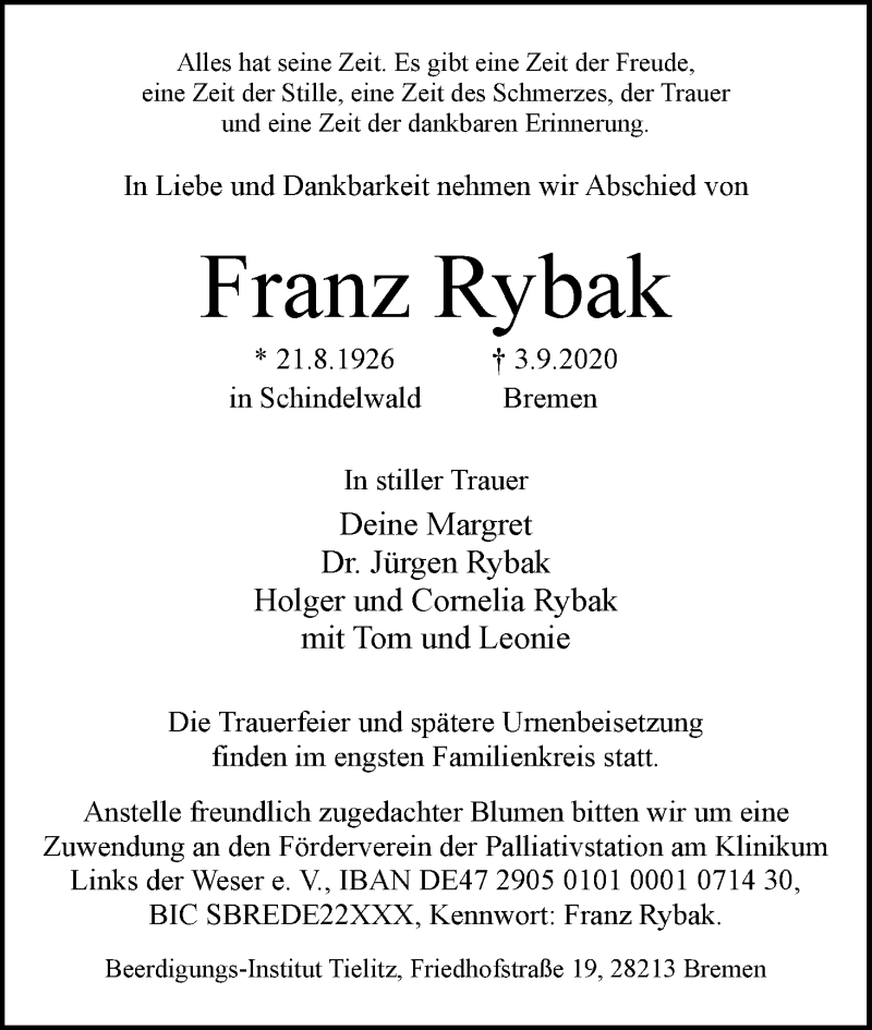 Traueranzeige von Franz Rybak von WESER-KURIER