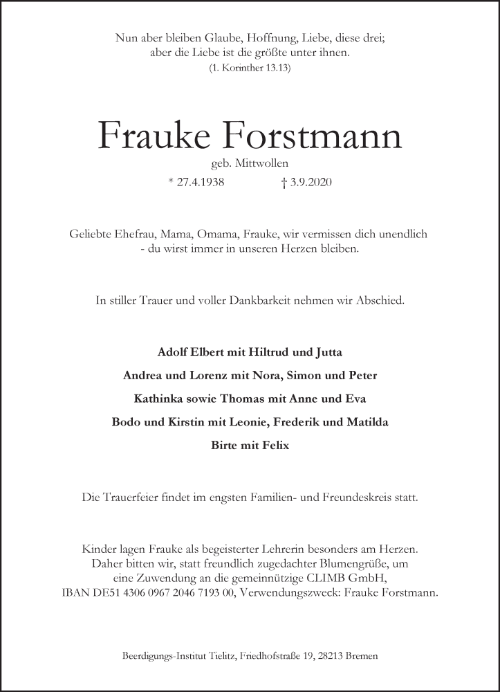 Traueranzeige von Frauke Forstmann von WESER-KURIER