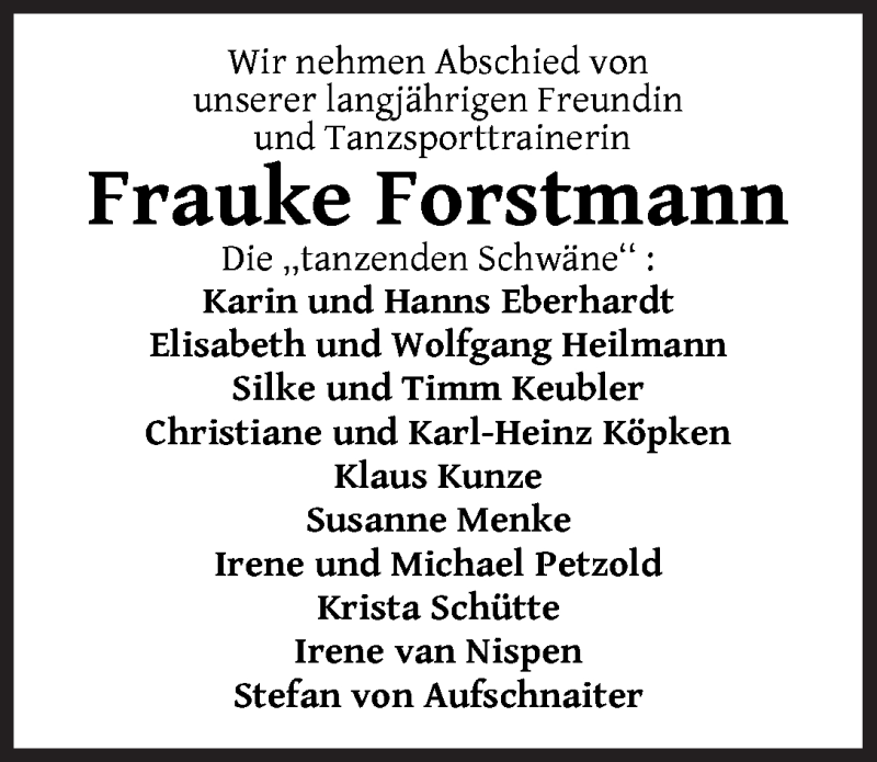 Traueranzeige von Frauke Forstmann von WESER-KURIER