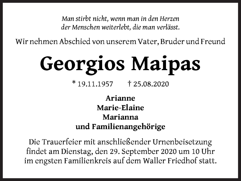 Traueranzeige von Georgios Maipas von WESER-KURIER