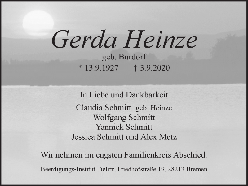 Traueranzeige von Gerda Heinze von WESER-KURIER