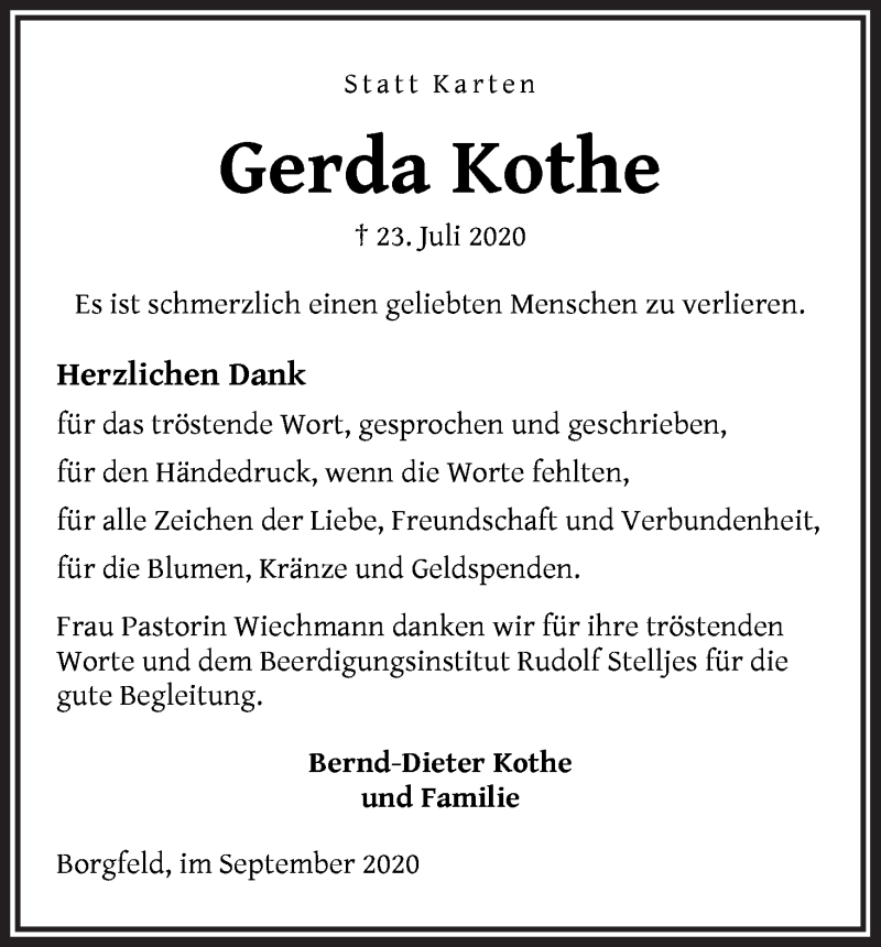 Traueranzeige von Gerda Kothe von WESER-KURIER