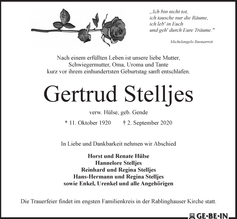 Traueranzeige von Gertrud Stelljes von WESER-KURIER