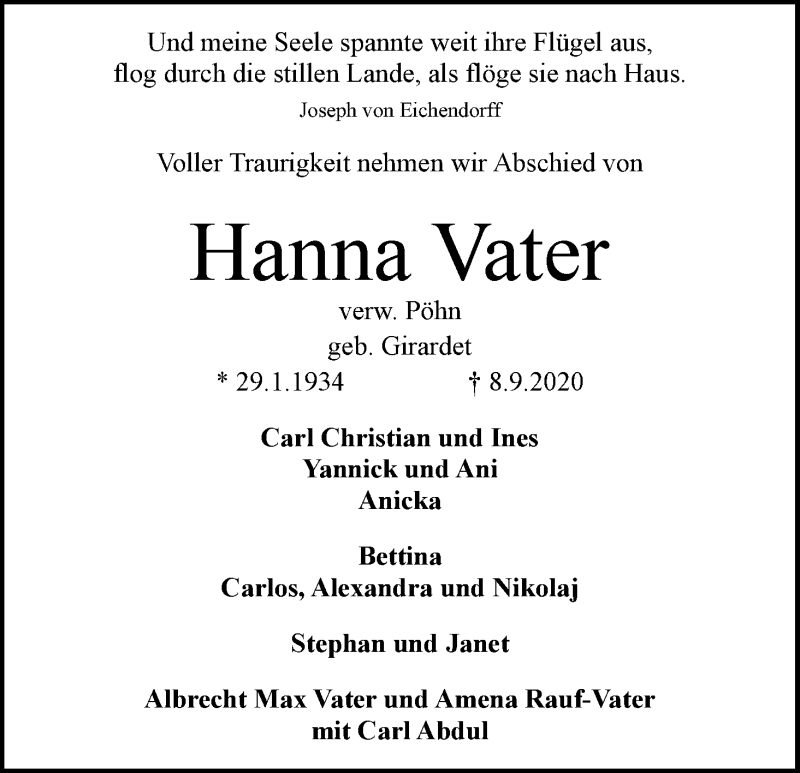 Traueranzeige von Hanna Vater von WESER-KURIER