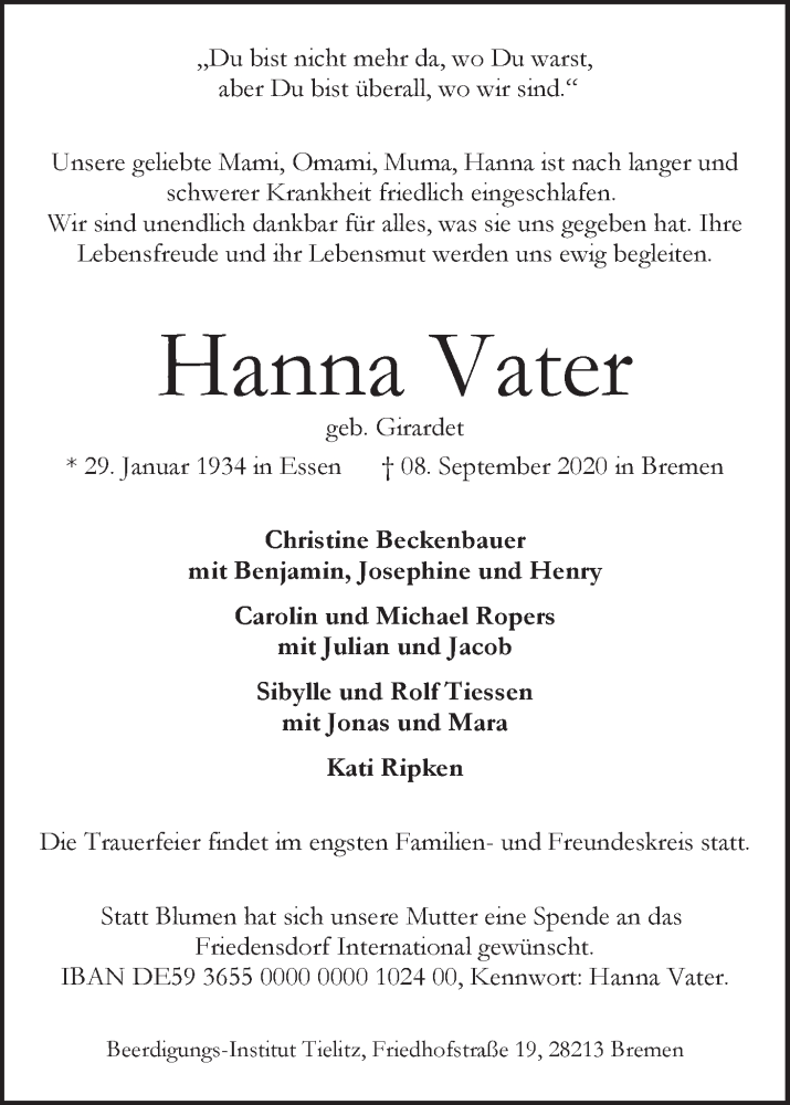 Traueranzeige von Hanna Vater von WESER-KURIER