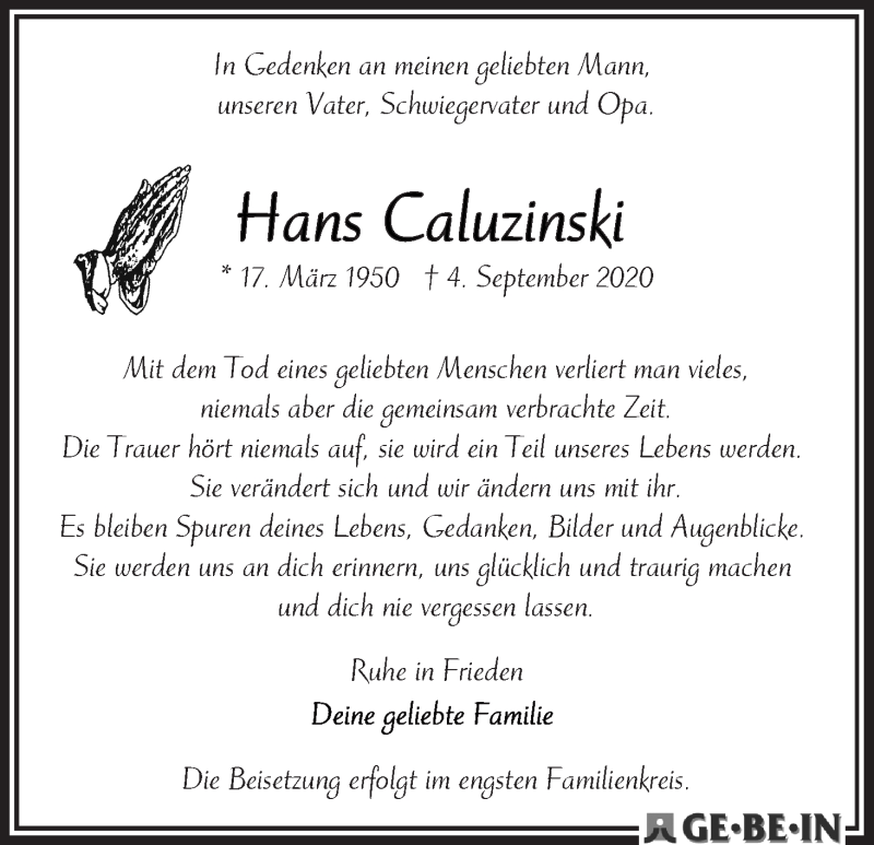 Traueranzeige von Hans Caluzinski von WESER-KURIER