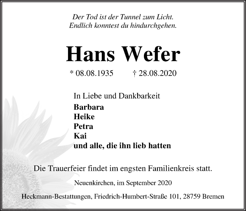 Traueranzeige von Hans Wefer von Die Norddeutsche