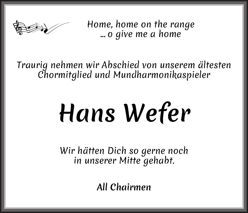 Traueranzeige von Hans Wefer von Die Norddeutsche
