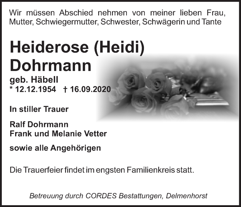 Traueranzeige von Heiderose Dohrmann von WESER-KURIER