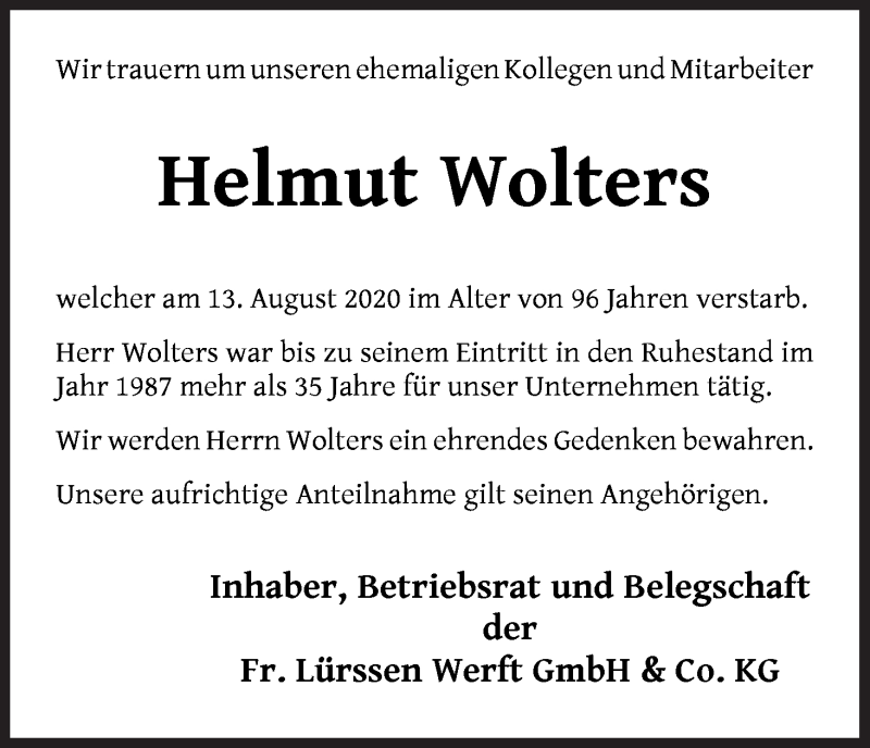Traueranzeige von Helmut Wolters von Die Norddeutsche