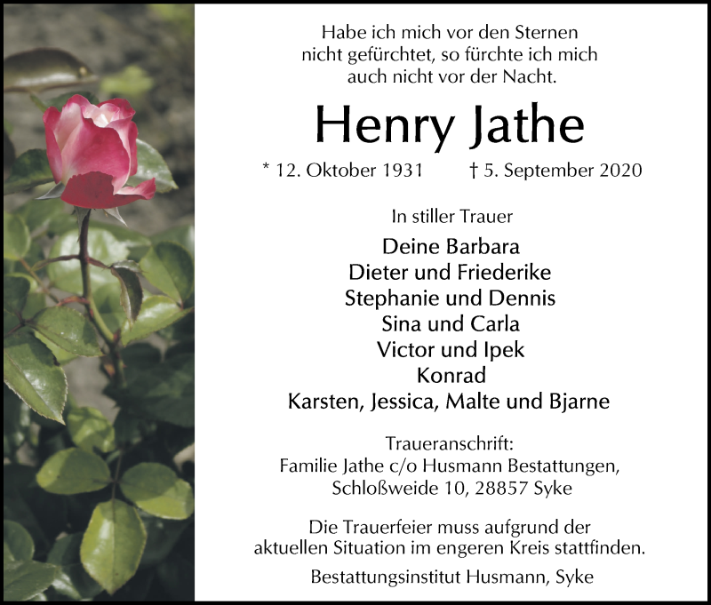 Traueranzeige von Henry Jathe von WESER-KURIER