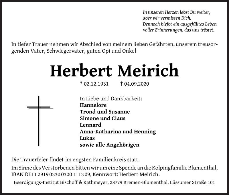 Traueranzeige von Herbert Meirich von Die Norddeutsche
