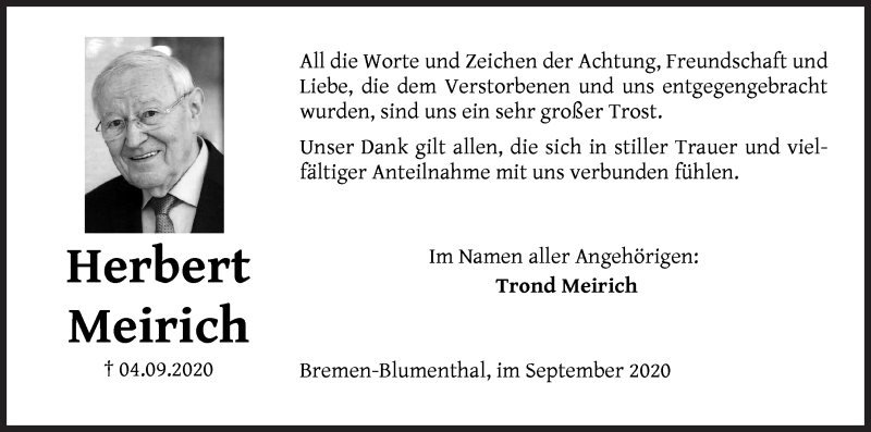 Traueranzeige von Herbert Meirich von Die Norddeutsche