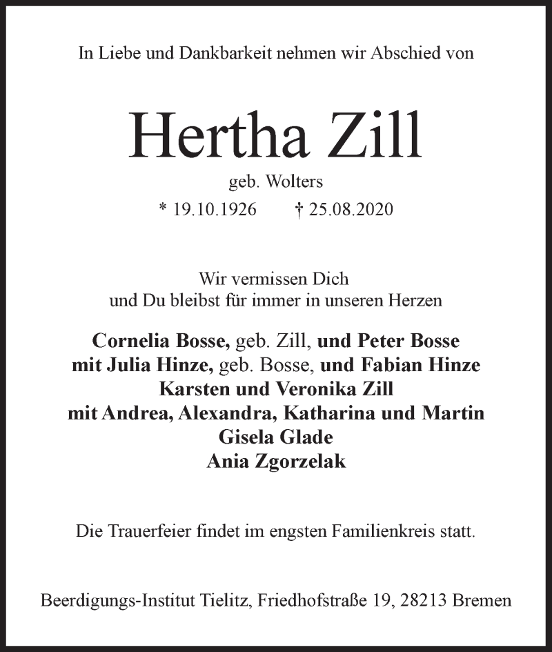 Traueranzeige von Hertha Zill von WESER-KURIER