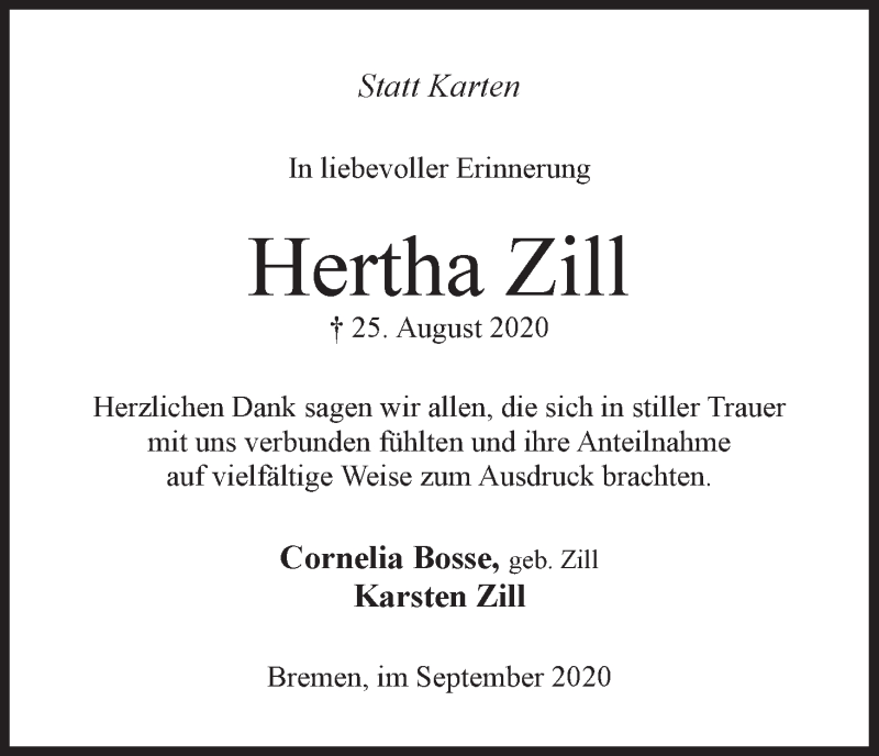 Traueranzeige von Hertha Zill von WESER-KURIER