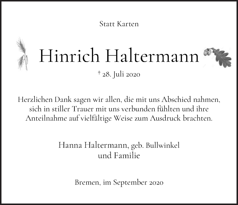 Traueranzeige von Hinrich Haltermann von WESER-KURIER