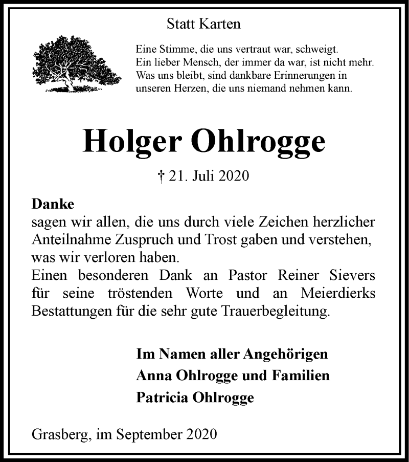 Traueranzeige von Holger Ohlrogge von Wuemme Zeitung