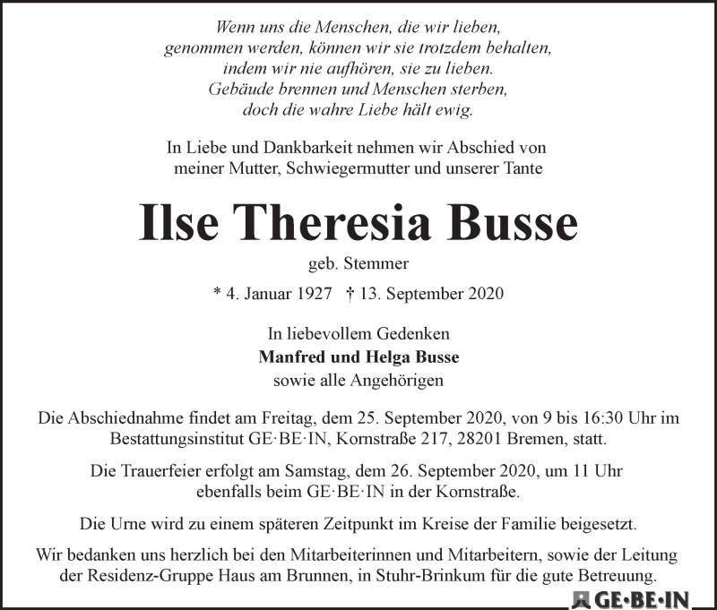 Traueranzeige von Ilse Theresia Busse von WESER-KURIER