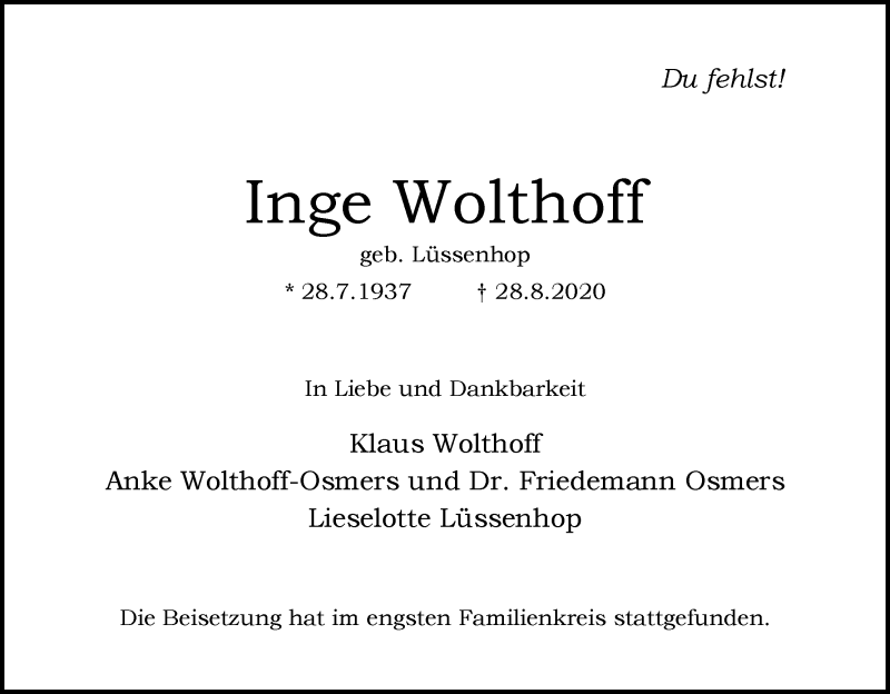 Traueranzeige von Inge Wolthoff von WESER-KURIER