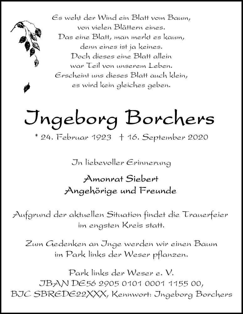Traueranzeige von Ingeborg Borchers von WESER-KURIER