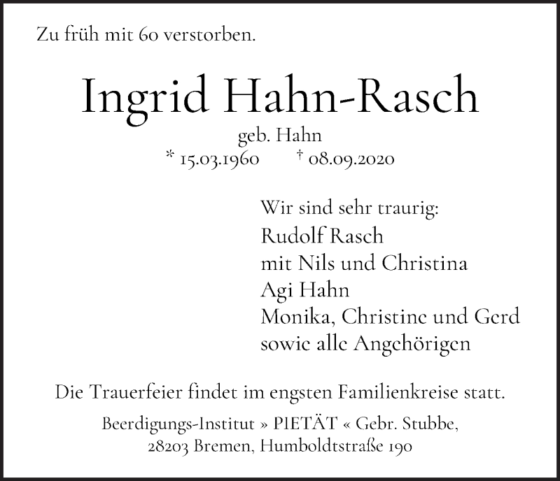 Traueranzeige von Ingrid Hahn-Rasch von WESER-KURIER