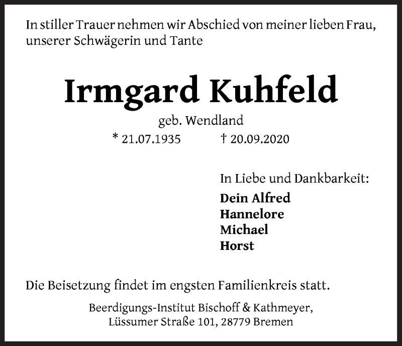 Traueranzeige von Irmgard Kuhfeld von Die Norddeutsche
