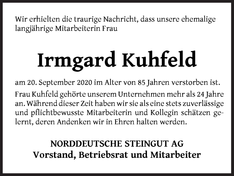 Traueranzeige von Irmgard Kuhfeld von Die Norddeutsche