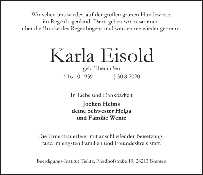 Traueranzeige von Karla Eisold von WESER-KURIER