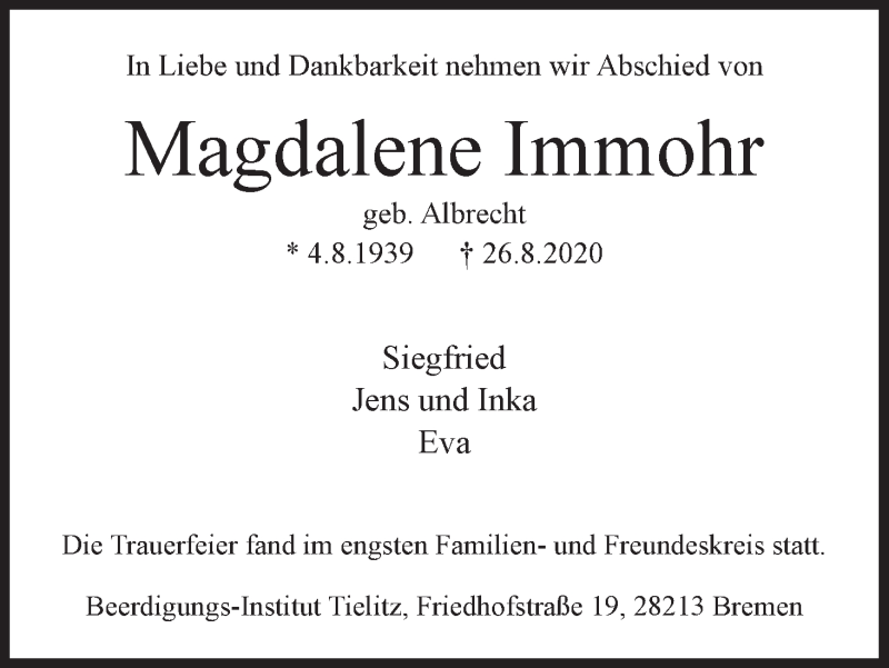 Traueranzeige von Magdalene Immohr von WESER-KURIER