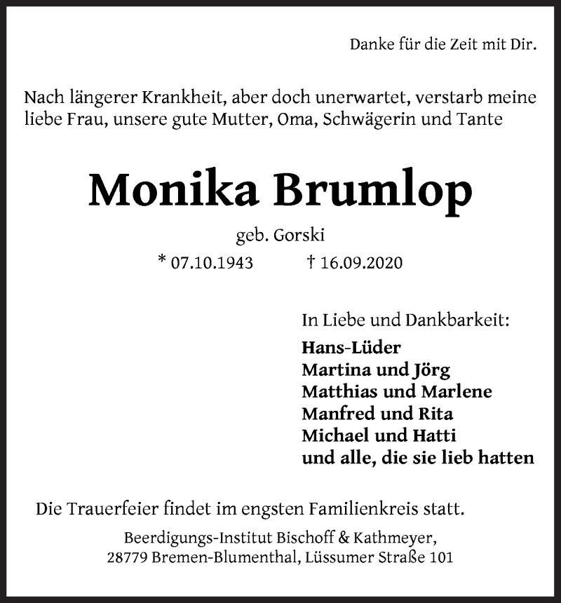 Traueranzeige von Monika Brumlop von Die Norddeutsche