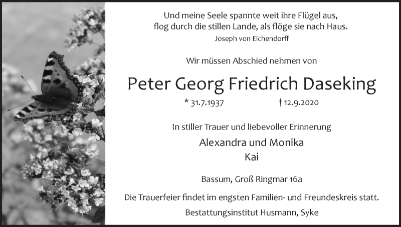Traueranzeige von Peter Georg Friedrich Daseking von WESER-KURIER