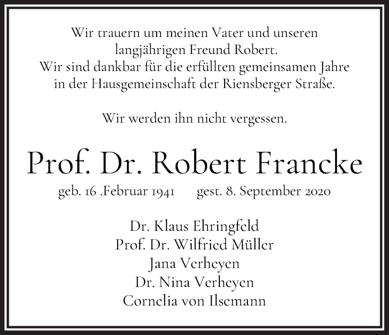 Traueranzeige von Prof. Dr. Robert Francke von WESER-KURIER
