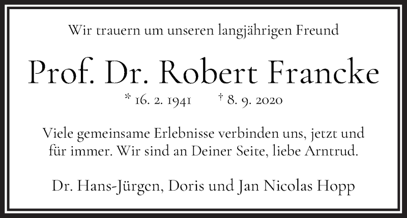 Traueranzeige von Prof. Dr. Robert Francke von WESER-KURIER