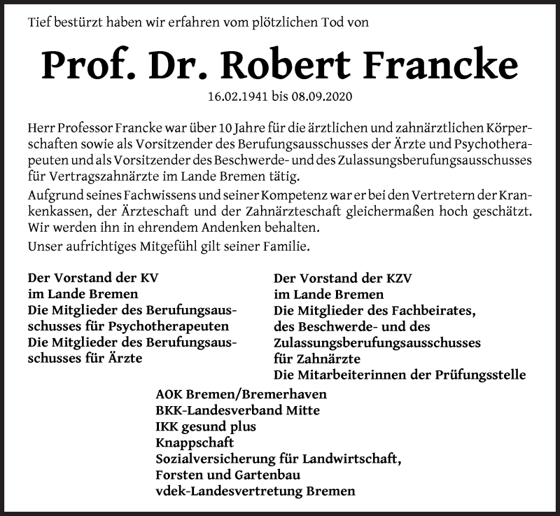 Traueranzeige von Prof. Dr. Robert Francke von WESER-KURIER