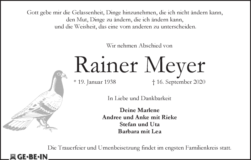 Traueranzeige von Rainer Meyer von WESER-KURIER