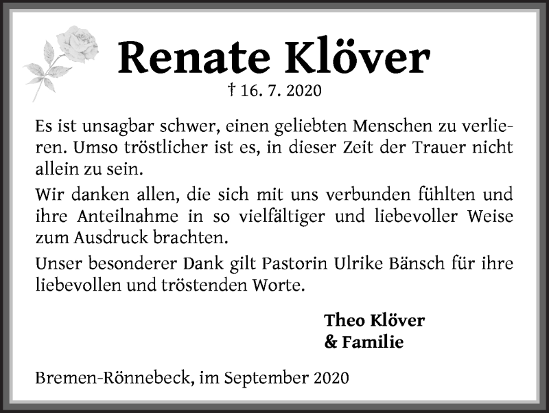 Traueranzeige von Renate Klöver von Die Norddeutsche