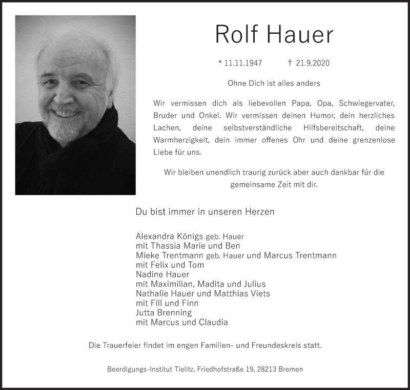 Traueranzeige von Rolf Hauer von WESER-KURIER