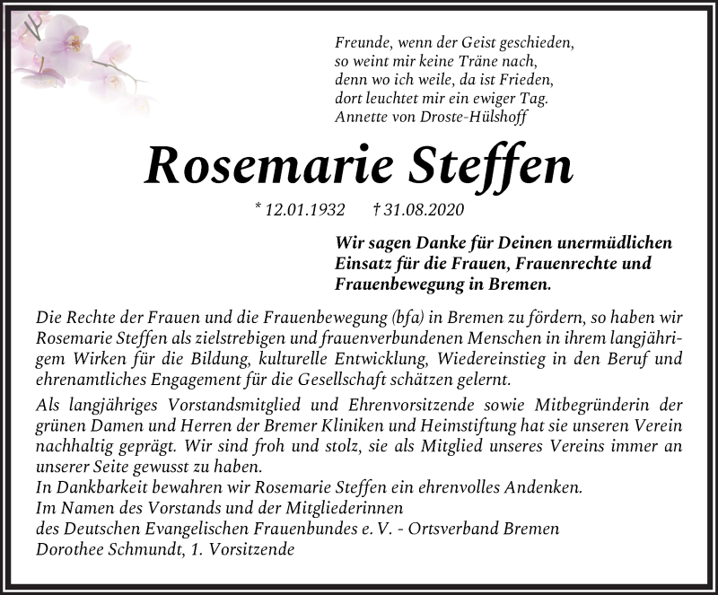 Traueranzeige von Rosemarie Steffen von Gesamtausgabe / Kurier der Woche