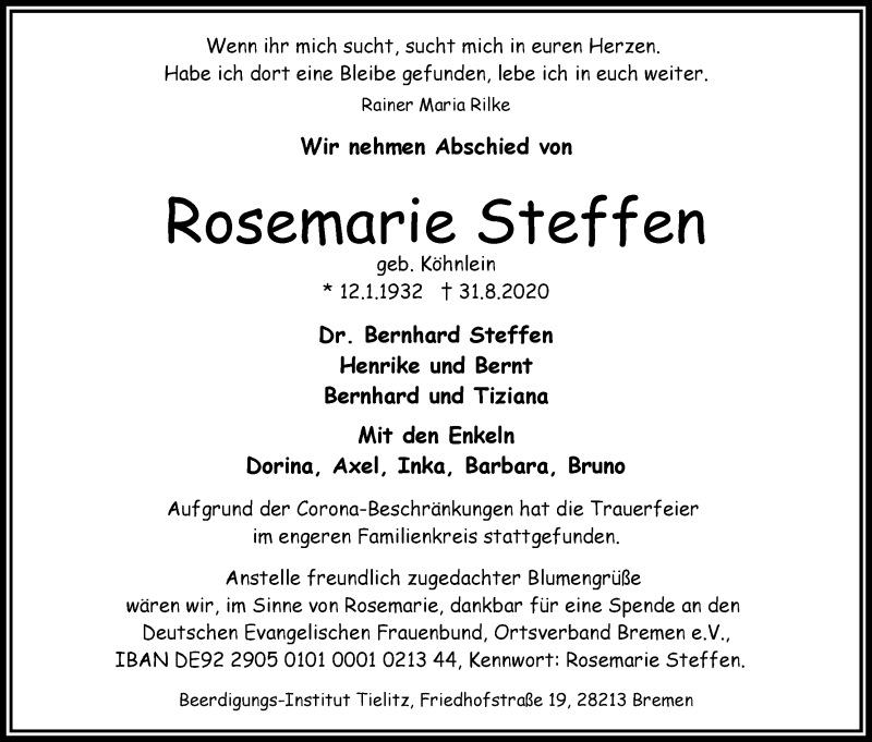 Traueranzeige von Rosemarie Steffen von WESER-KURIER