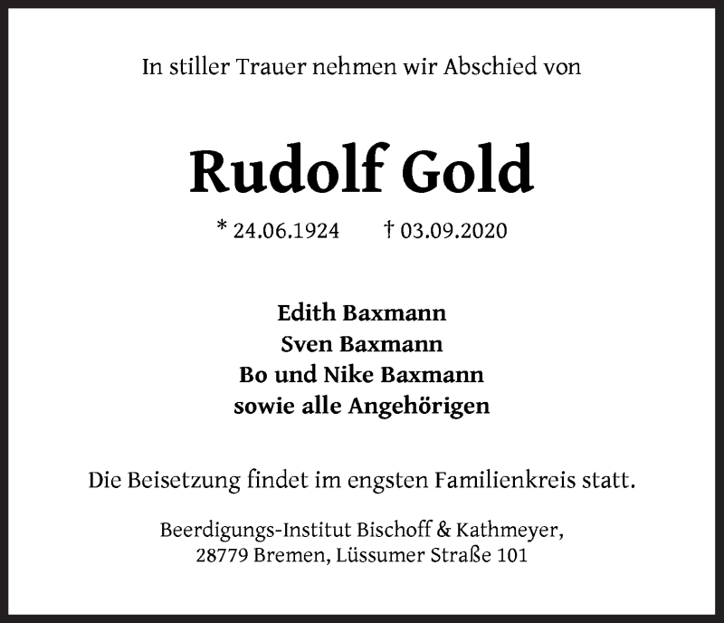 Traueranzeige von Rudolf Gold von Die Norddeutsche