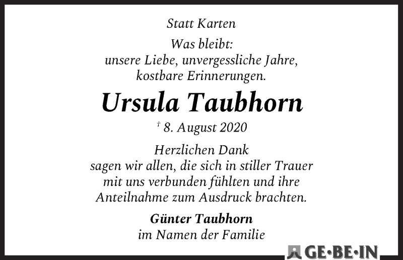 Traueranzeige von Ursula Taubhorn von WESER-KURIER