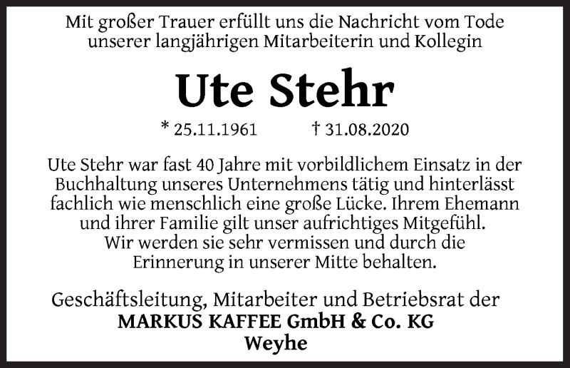 Traueranzeige von Ute Stehr von WESER-KURIER