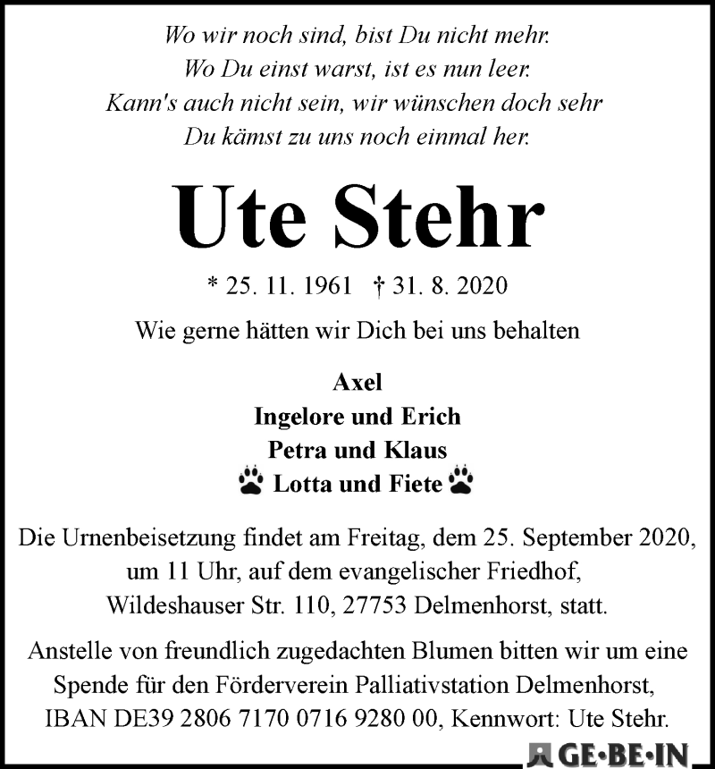 Traueranzeige von Ute Stehr von WESER-KURIER