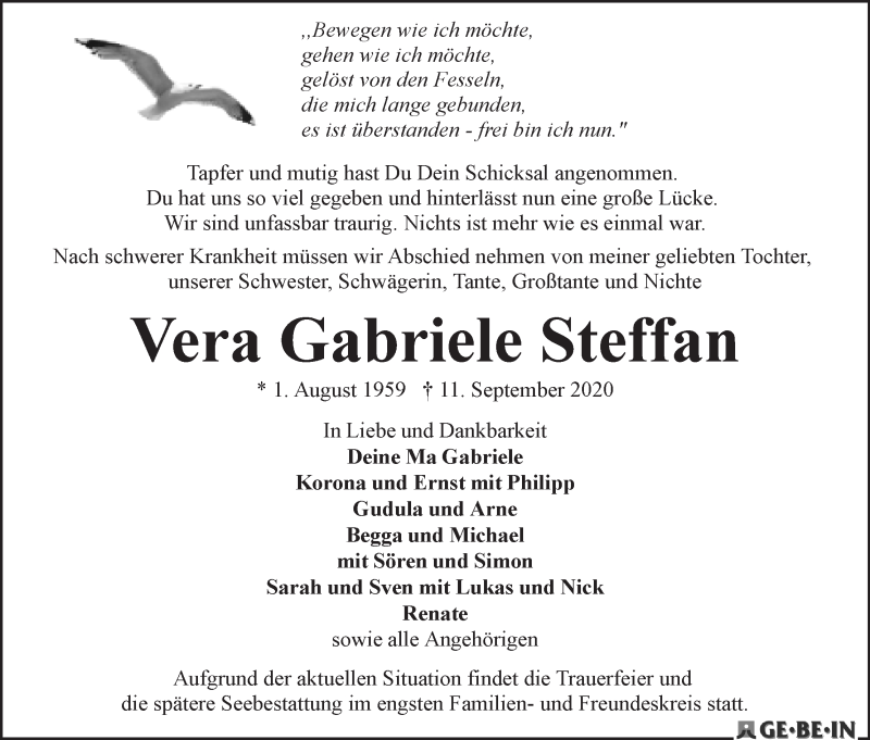 Traueranzeige von Vera Gabriele Steffan von WESER-KURIER
