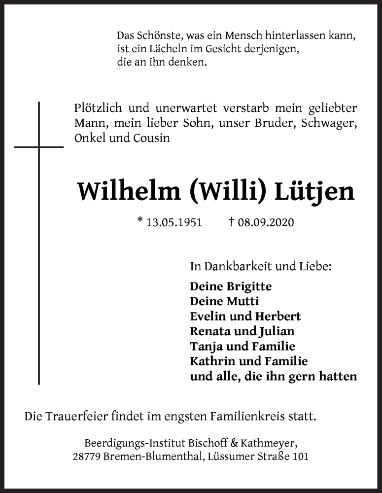 Traueranzeige von Wilhelm Lütjen von Die Norddeutsche