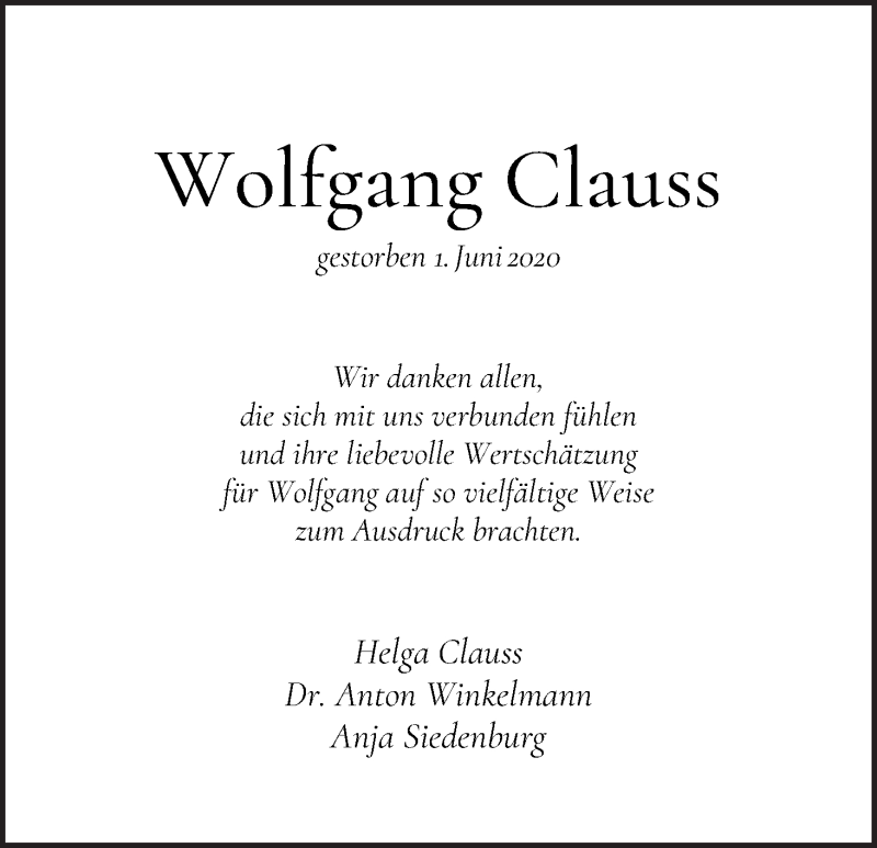 Traueranzeige von Wolfgang Clauss von WESER-KURIER